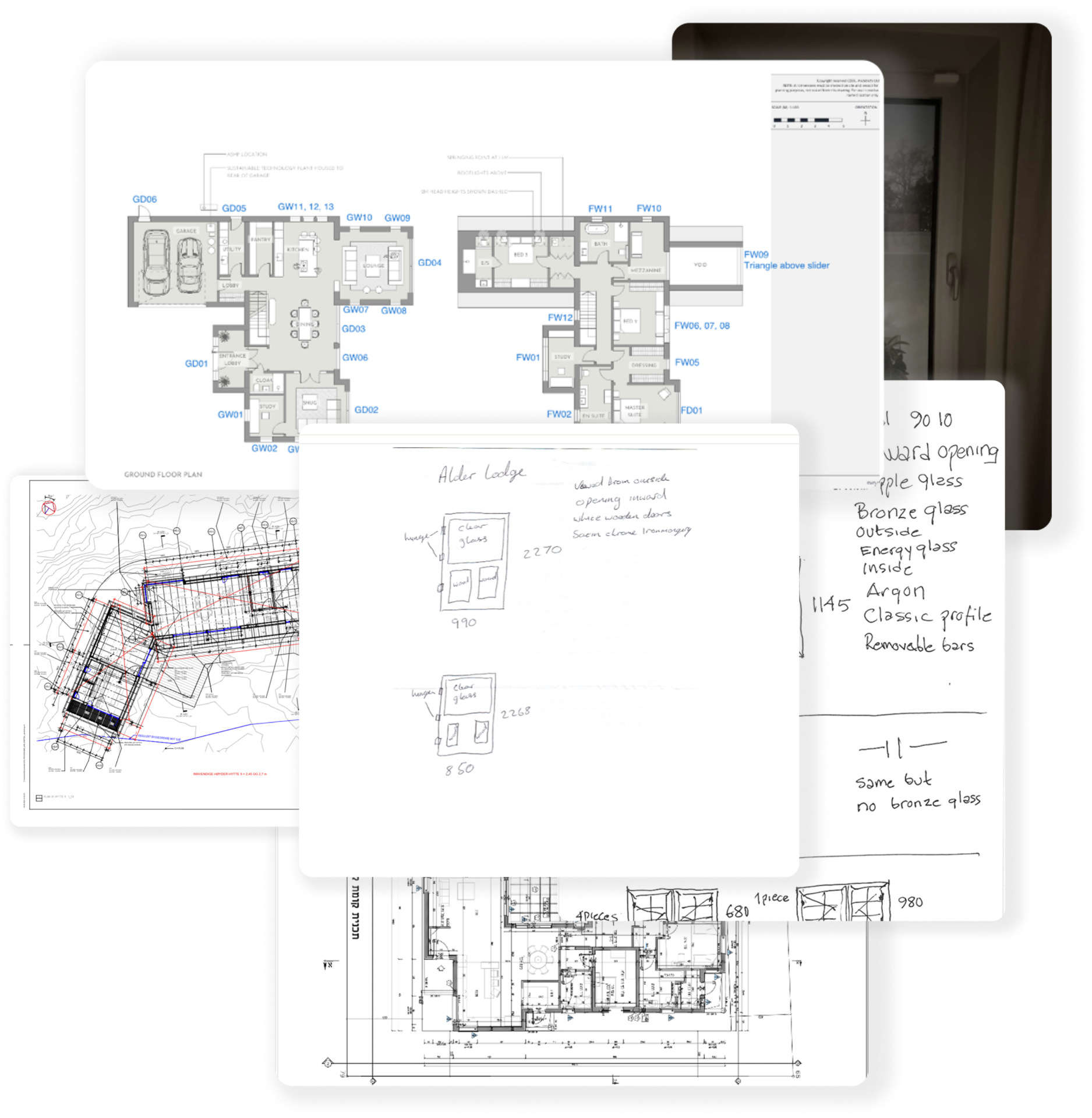Collection of architectural plans, floor plans, and construction documents