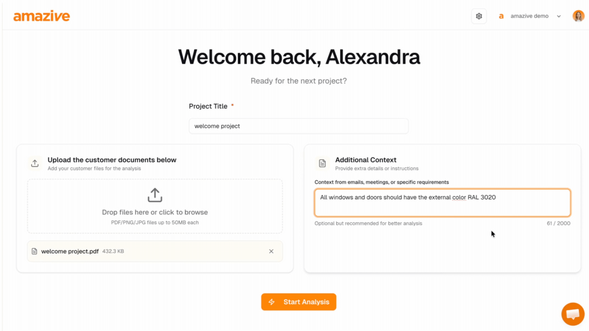 Demo of starting a project analysis in amazive